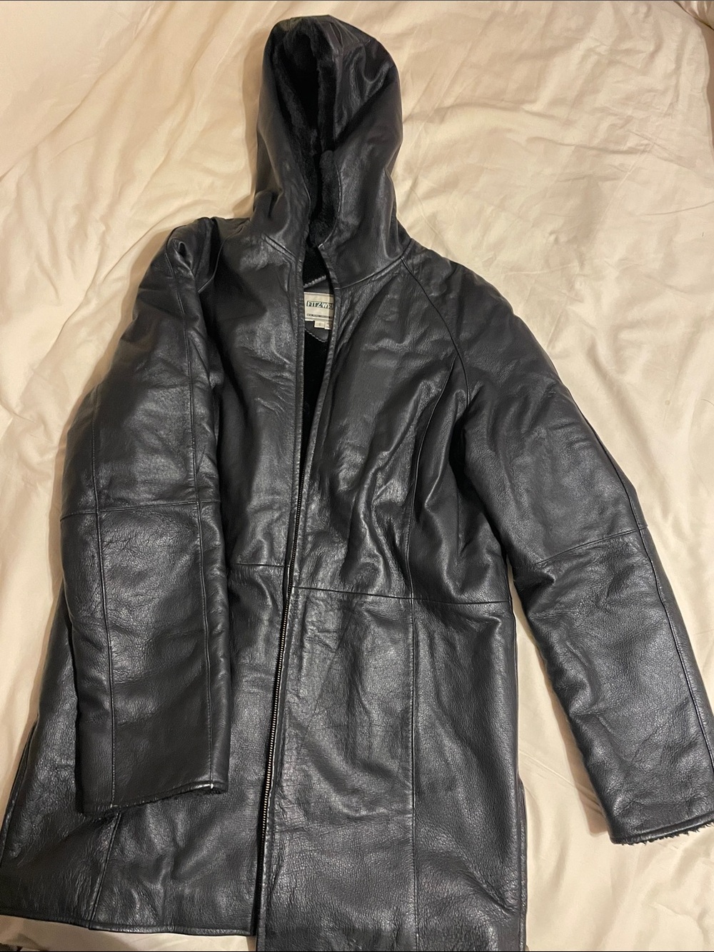 Black Genuine Leather Hooded Coat